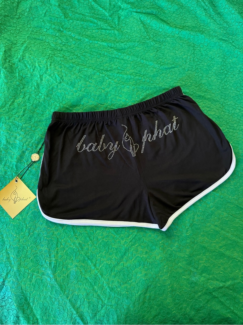 Baby Phat Black Shorts with Rhinestone Script and White Trim